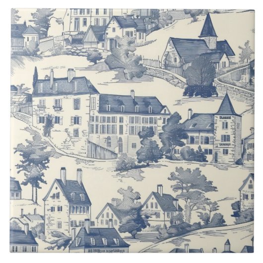 Elegante blauwe Toile de Jouy Village scene Tegeltje (Voorkant)