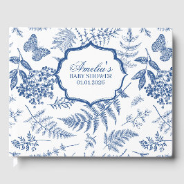 Elegante Blauwe Toile Print Gepersonaliseerd Baby Gastenboek