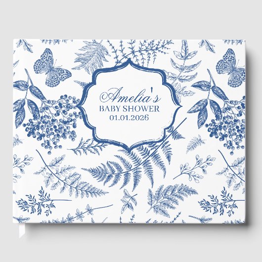 Elegante Blauwe Toile Print Gepersonaliseerd Baby Gastenboek (Voorkant)