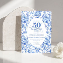 Elegante Blauwe Toile Rose Bloemige 50e Verjaardag