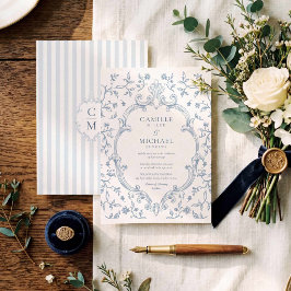 Elegante blauwe toile-wapen trouwuitnodiging kaart