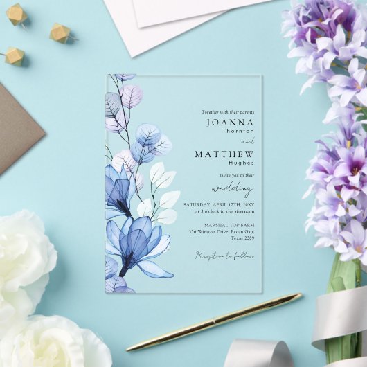 Elegante blauwe transparante bloemenbruiloft acryl uitnodigingen (Insitu (Huwelijk))