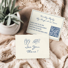 Elegante Blauwe Tropische Blad QR Code Trouwkaart RSVP Kaartje