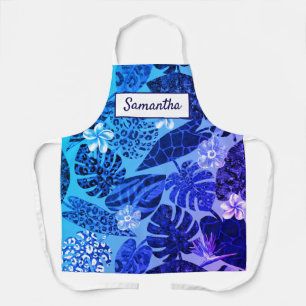 Elegante blauwe tropische bladeren bloemen aangepa schort