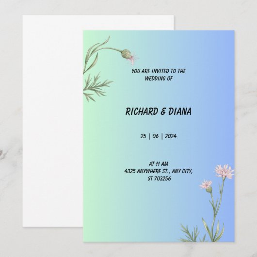 Elegante Blauwe Trouw Uitnodiging (Voorkant / Achterkant)