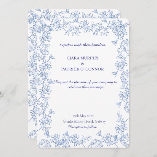 Elegante Blauwe Trouw Uitnodiging (Voorkant / Achterkant)