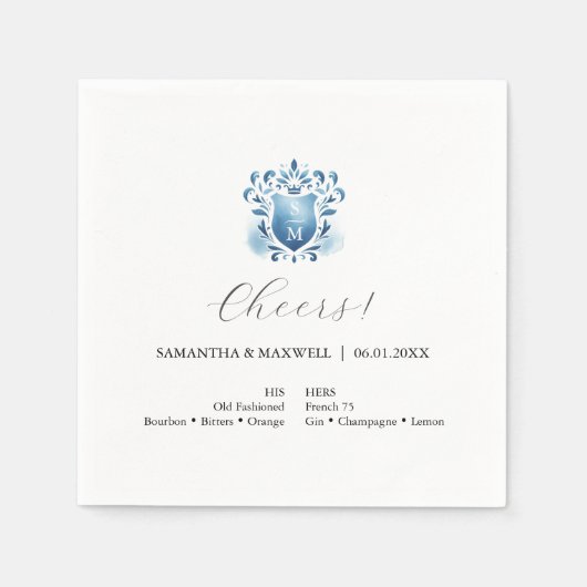 Elegante blauwe trouwmonogram servetten (Voorkant)