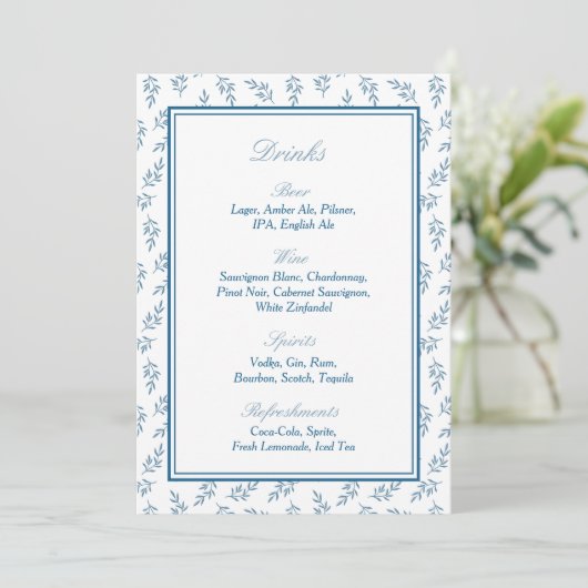Elegante Blauwe Tuin Wedding Bar Menu Sign (Staand voorkant)