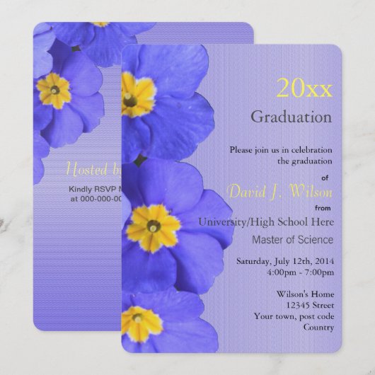 , elegante blauwe tuinbloemen afstuderen kaart (Voorkant / Achterkant)