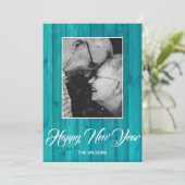 Elegante blauwe turkoois houten aangepaste foto feestdagenkaart (Staand voorkant)