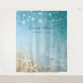 Elegante Blauwe Turquoise Aquarel Strand Trouwfoto Wandkleed