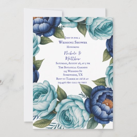 Elegante Blauwe Turquoise Bloemen Trouwdouche Kaart (Voorkant)