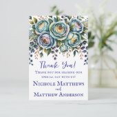 Elegante blauwe turquoise bloemenbruiloft bedankkaart (Staand voorkant)