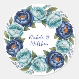 Elegante blauwe turquoise bloemenbruiloft ronde sticker