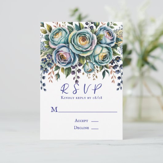 Elegante blauwe turquoise bloemenbruiloft RSVP kaartje (Staand voorkant)