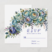 Elegante blauwe turquoise bloemenbruiloft RSVP kaartje (Voorkant / Achterkant)