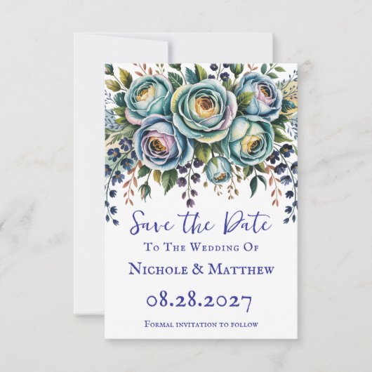 Elegante blauwe turquoise bloemenbruiloft save the date (Voorkant)