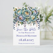 Elegante blauwe turquoise bloemenbruiloft save the date (Staand voorkant)