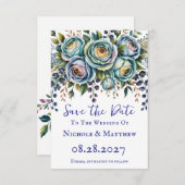 Elegante blauwe turquoise bloemenbruiloft save the date (Voorkant / Achterkant)