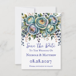 Elegante blauwe turquoise bloemenbruiloft save the date