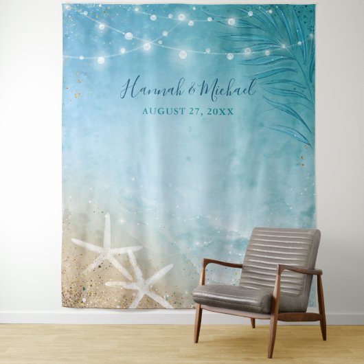 Elegante blauwe turquoise waterverf strand huwelij wandkleed (In situ)