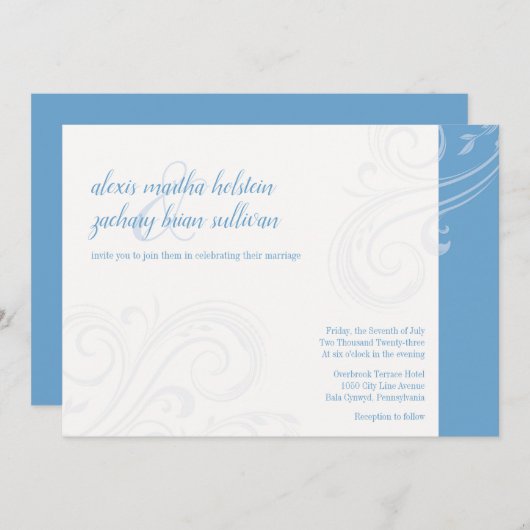 Elegante blauwe uitnodiging, Caroline Wedding Kaart (Voorkant / Achterkant)