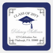 Elegante blauwe universitaire afstudeer retouradre vierkante sticker (Voorkant)