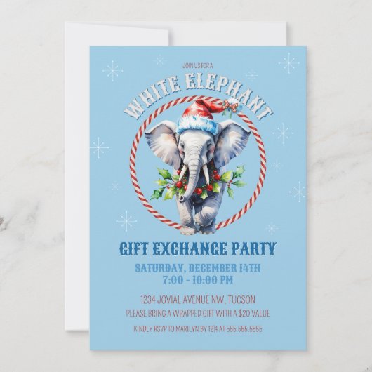 Elegante Blauwe Vakantie Witte Olifant Gift Exchan Kaart (Voorkant)