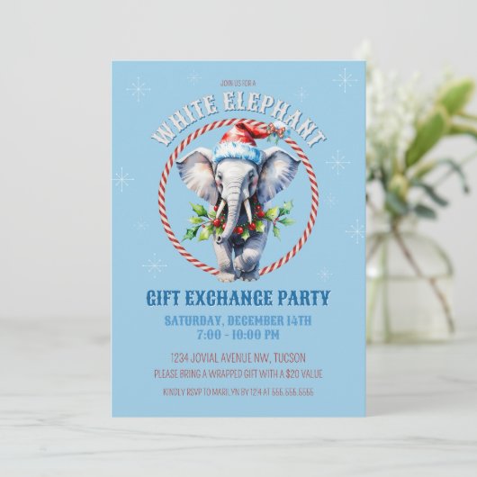 Elegante Blauwe Vakantie Witte Olifant Gift Exchan Kaart (Staand voorkant)