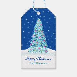 Elegante Blauwe Versierde Kerstboom Vakantie Cadeaulabel