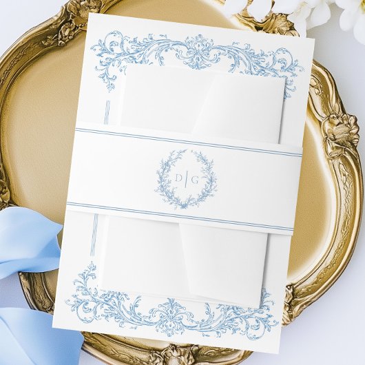 Elegante Blauwe Victoriaans Crest bruiloft uitnodi Uitnodigingen Wikkel