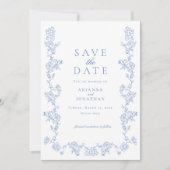 Elegante Blauwe Victoriaans Fotobruiloft Save The Date (Voorkant)