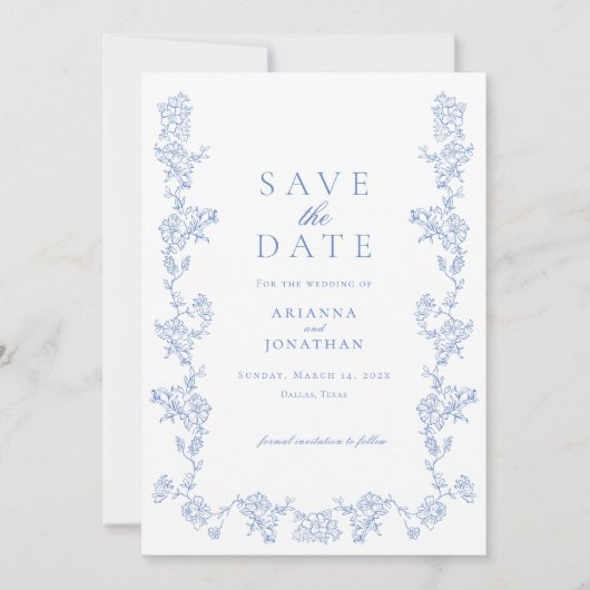 Elegante Blauwe Victoriaans Fotobruiloft Save The Date (Voorkant)