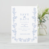 Elegante Blauwe Victoriaans Fotobruiloft Save The Date (Staand voorkant)