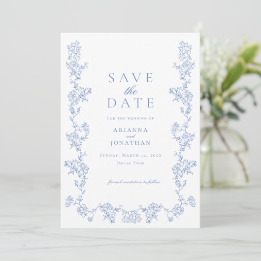 Elegante Blauwe Victoriaans Fotobruiloft Save The Date (Staand voorkant)