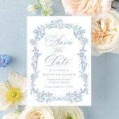 Elegante Blauwe Victoriaanse Bloemencode QR Trouwd Save The Date