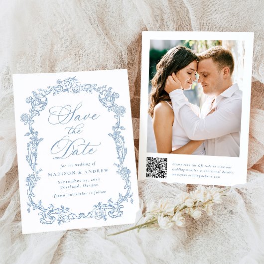 Elegante Blauwe Victoriaanse Bloemencode QR Trouwd Save The Date