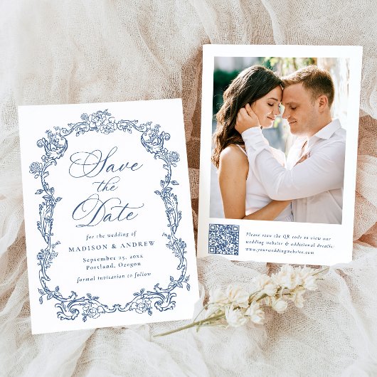 Elegante Blauwe Victoriaanse Bloemencode QR Trouwd Save The Date