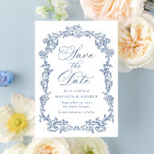 Elegante Blauwe Victoriaanse Bloemencode QR Trouwd Save The Date