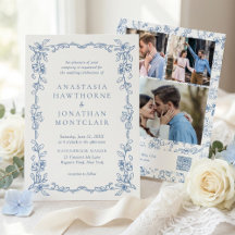 Elegante Blauwe Victoriaanse Foto QR Code RSVP Huw