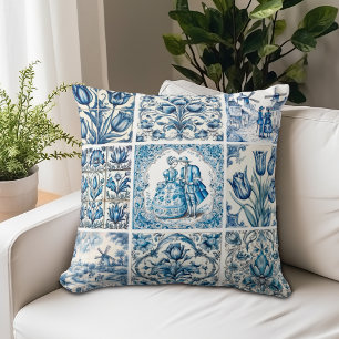 Elegante blauwe vintage bloem toile kussen