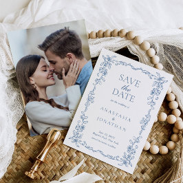 Elegante Blauwe Vintage Bloemen Fotobruiloft Save The Date