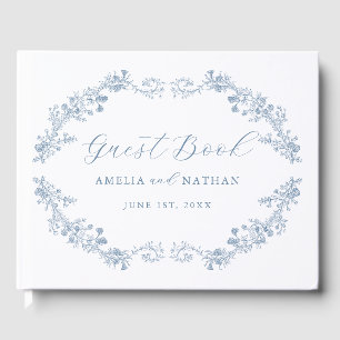 Elegante Blauwe Vintage Bloemen Huwelijk Gastenboek