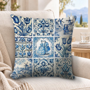 Elegante Blauwe Vintage Franse Bloem Toile Kussen