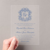 Elegante Blauwe Vintage Monogram Crest Wedding Acryl Uitnodigingen (Insitu (Draagbaar))