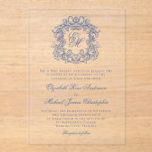 Elegante Blauwe Vintage Monogram Crest Wedding Acryl Uitnodigingen (Voorkant)