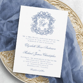 Elegante Blauwe Vintage Monogram Crest Wedding Kaart