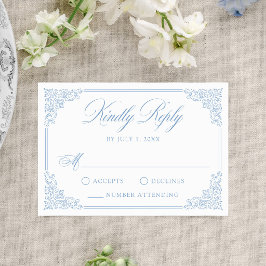 Elegante Blauwe Vintage Sierlijke Frame Huwelijk RSVP Kaartje