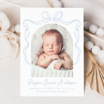Elegante blauwe vintage strik foto geboorteaankond
