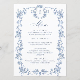 Elegante Blauwe Vintage Tuin Bloemen Trouwdiner Menu
